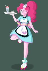 Size: 1350x2000 | Tagged: safe, artist:biocrine, derpibooru import, pinkie pie, equestria girls, coffee, female, milkshake, one eye closed, raised leg, roller skates, server pinkie pie, smiling, solo, standing, standing on one leg, wink