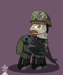 Size: 4245x5021 | Tagged: safe, artist:devorierdeos, derpibooru import, oc, oc only, earth pony, pony, fallout equestria, armor, assault rifle, beard, boots, clothes, earth pony oc, facial hair, golden eyes, gun, helmet, male, military, military pony, military uniform, moustache, rifle, shoes, simple background, soldier, stallion, steel ranger, steel ranger knight, tactical, tactical glasses, uniform, weapon