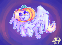 Size: 2600x1900 | Tagged: safe, artist:mannybcadavera, derpibooru import, derpy hooves, pegasus, pony, abstract background, female, halloween, holiday, mare, pumpkin, solo