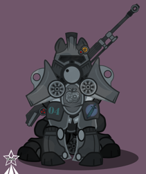 Size: 4245x5021 | Tagged: safe, artist:devorierdeos, derpibooru import, oc, oc only, earth pony, pony, fallout equestria, armor, earth pony oc, fantasy class, helmet, knight, mashine gun, paladin, power armor, simple background, sitting, steel ranger, steel ranger paladin, warrior