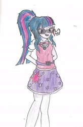 Size: 1956x2984 | Tagged: safe, artist:thevisitormlp, derpibooru import, sci-twi, twilight sparkle, equestria girls, arm behind back, clothes, cutie mark, cutie mark on clothes, female, glasses, sci-twi outfits, skirt, smiling, solo, traditional art