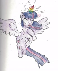 Size: 2116x2584 | Tagged: safe, artist:thevisitormlp, derpibooru import, twilight sparkle, twilight sparkle (alicorn), alicorn, pony, female, flying, glowing, glowing horn, horn, mare, rearing, signature, traditional art, white eyes