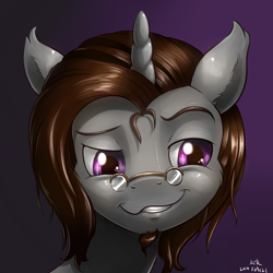 Size: 1692x1692 | Tagged: safe, artist:renatethepony, derpibooru import, oc, oc only, pony, unicorn, bust, dreamworks face, glasses, horn, smiling, smirk, solo, unicorn oc