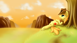 Size: 3840x2160 | Tagged: safe, artist:renatethepony, derpibooru import, braeburn, earth pony, pony, clothes, cloud, hat, lying down, male, outdoors, smiling, solo, stallion, vest