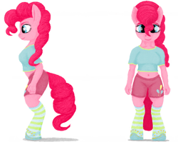 Size: 706x562 | Tagged: safe, artist:xodok, derpibooru import, pinkie pie, anthro, unguligrade anthro, series:ponyashnost, clothes, cutie mark, female, shirt, shoes, shorts, simple background, smiling, socks, stockings, striped socks, t-shirt, thigh highs, white background