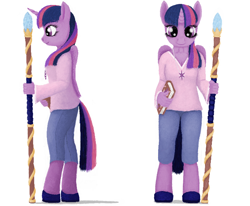 Size: 702x578 | Tagged: safe, artist:xodok, derpibooru import, twilight sparkle, twilight sparkle (alicorn), alicorn, anthro, unguligrade anthro, series:ponyashnost, blouse, book, clothes, cutie mark, female, horn, jewelry, pants, shoes, simple background, smiling, staff, white background, wings