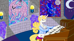 Size: 1197x668 | Tagged: safe, artist:mana minori, derpibooru import, princess luna, oc, oc:guiding light, unicorn, g4, blue, brick, candle, castle, clothes, crescent, curls, curly, glass, hair, key, light, microsoft, moon, moonlight, musical instrument, painting, piano, pipe organ, princess, soft, sonata, stained glass, suit, tapestry, white, windows