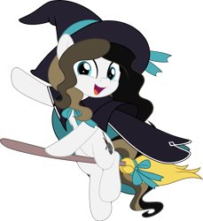 Size: 4585x5000 | Tagged: safe, artist:jhayarr23, derpibooru import, oc, oc only, oc:chocolate fudge, earth pony, broom, cape, clothes, commission, costume, female, flying, flying broomstick, halloween, hat, holiday, simple background, solo, transparent background, witch hat, ych result