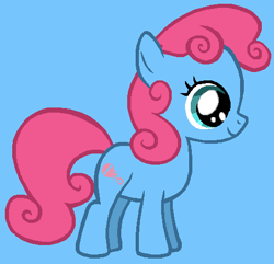Size: 469x453 | Tagged: safe, artist:therainbowkingdom69, derpibooru import, baby cuddles, earth pony, pony, g1, g4, baby, baby pony, blue background, cuddlebetes, cute, female, filly, g1 to g4, generation leap, simple background, smiling