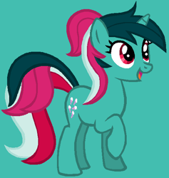 Size: 519x547 | Tagged: safe, artist:therainbowkingdom69, derpibooru import, fizzy, pony, twinkle eyed pony, unicorn, g1, g4, cute, female, fizzybetes, g1 to g4, generation leap, mare, open mouth, open smile, raised hoof, raised leg, simple background, smiling, teal background