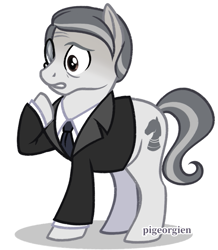 Size: 669x768 | Tagged: safe, artist:pigeorgien, derpibooru import, oc, oc only, oc:mimante, earth pony, pony, clothes, male, monocle, show accurate, simple background, solo, stallion, suit, white background, worried