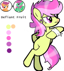 Size: 1001x1117 | Tagged: safe, artist:taeko, derpibooru import, scootaloo, oc, oc:defiant fruit, pegasus, pony, banana bliss, bandage, base used, colors, crossed legs, female, folded wings, frown, green fur, invisible arm-rest, leaning, looking offscreen, magical lesbian spawn, multicolored mane, multicolored tail, no shading, no source, no source available, offspring, parent:banana bliss, parent:scootaloo, parents:bananaloo, purple eyes, simple background, solo, standing, standing on one leg, tail, white background, wings