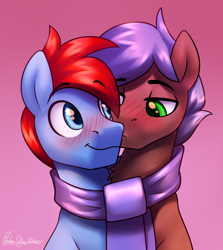Size: 1780x2000 | Tagged: safe, artist:jedayskayvoker, derpibooru import, oc, oc only, pony, blushing, chest fluff, clothes, couple, eyebrows, eyebrows visible through hair, gay, gradient background, kiss on the cheek, kissing, lidded eyes, looking at each other, male, oc name needed, patreon, patreon reward, scarf, shared clothing, shared scarf, smiling, stallion