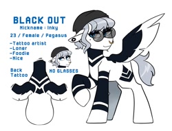 Size: 1207x924 | Tagged: safe, artist:redxbacon, derpibooru import, oc, oc only, oc:black out, pegasus, pony, nose piercing, nose ring, piercing, reference sheet, solo, sunglasses