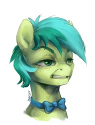 Size: 758x1000 | Tagged: safe, artist:jewellier, derpibooru import, sandbar, earth pony, pony, bowtie, bust, colt, disgusted, expression, eyebrows, faic, green coat, green eyes, green mane, gritted teeth, lidded eyes, looking at something, male, portrait, showing teeth, signature, simple background, solo, teeth, two toned mane, white background