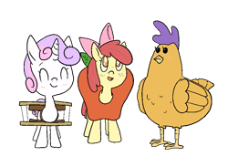 Size: 827x606 | Tagged: safe, artist:happy harvey, derpibooru import, apple bloom, scootaloo, sweetie belle, bird, chicken, earth pony, pony, unicorn, apple, apple costume, blushing, bow, clothes, colored pupils, costume, cutie mark crusaders, drawn on phone, eyes closed, female, filly, food, food costume, freckles, hair bow, halloween, halloween costume, looking up, s'mores, simple background, transparent background