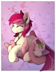 Size: 1500x1947 | Tagged: safe, artist:yakovlev-vad, derpibooru import, roseluck, earth pony, human, pony, chest fluff, cute, cuteluck, earbuds, eyes closed, female, hand, headphones, holding a pony, in goliath's palm, lying down, mare, music notes, prone, smiling, tail, tiny, tiny ponies, two toned mane, two toned tail