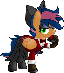 Size: 2500x2829 | Tagged: safe, artist:lakword, derpibooru import, oc, oc only, oc:solar comet, pegasus, pony, undead, vampire, ambiguous gender, bowtie, clothes, colored feathertips, costume, disguise, disguised changeling, eyelashes, fangs, folded wings, nightmare night, simple background, solo, transparent background, wings