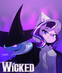 Size: 1841x2160 | Tagged: safe, artist:mindlessnik, artist:mindlesssketching, derpibooru import, starlight glimmer, trixie, clothes, colored pupils, cosplay, costume, crossover, duo, eye glint, hat, looking at you, musical, poster, redraw, wicked, witch hat