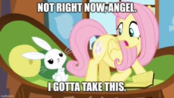 Size: 800x450 | Tagged: safe, derpibooru import, edit, edited screencap, screencap, angel bunny, fluttershy, pegasus, pony, rabbit, the hooffields and mccolts, angel is not amused, animal, book, booty call, crossed arms, duo, female, frown, glowing cutie mark, looking at each other, male, mare, meme, open mouth, pillow, talking, unamused