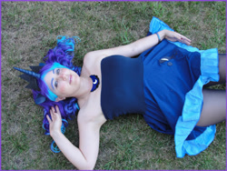 Size: 2828x2121 | Tagged: safe, artist:mikanchan, derpibooru import, princess luna, human, clothes, cosplay, costume, grass, high res, horn, irl, irl human, lying down, on back, palindrome get, photo, sleeveless, solo