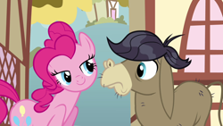 Size: 1280x720 | Tagged: safe, derpibooru import, screencap, cranky doodle donkey, donkey, earth pony, pony, a friend in deed, season 2, c:, duo, eye contact, female, lidded eyes, looking at each other, male, mare, out of context, smiling, tail, wig