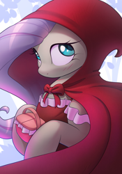 Size: 1927x2750 | Tagged: safe, artist:nookprint, derpibooru import, fluttershy, pegasus, pony, basket, blushing, cloak, clothes, cute, dress, female, hood, hoof hold, little red riding hood, looking away, mare, picnic basket, shyabetes, solo