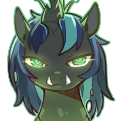 Size: 1159x1159 | Tagged: safe, artist:cold-blooded-twilight, derpibooru import, shining armor, changeling, changeling queen, blue changeling, fangs, female, glowing, glowing eyes, halloween, holiday, long hair, looking at you, simple background, species swap, transparent background