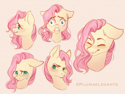 Size: 2400x1800 | Tagged: safe, artist:plumaelegante, derpibooru import, fluttershy, pegasus, pony, blushing, bust, crying, ear fluff, ears, expressions, eyes closed, female, floppy ears, full face view, gritted teeth, high res, looking at something, looking at you, looking away, mare, profile, raised eyebrow, sad, scared, skeptical, smiling, solo, stray strand, teary eyes, three quarter view, wide eyes