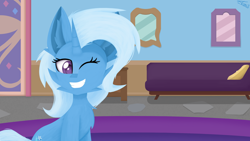 Size: 2560x1440 | Tagged: safe, artist:graphictoxin, derpibooru import, trixie, pony, unicorn, cheek fluff, chest fluff, cute, cutie mark, diatrixes, door, dresser, ear fluff, ears, eyelashes, female, fluffy, grin, horn, lineless, mare, mirror, one eye closed, pillow, purple eyes, rug, smiling, sofa, solo, wide smile, wink