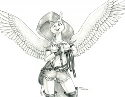 Size: 1400x1078 | Tagged: safe, artist:baron engel, derpibooru import, fluttershy, anthro, pegasus, belly button, belt, boots, breasts, clothes, collar, daisy dukes, denim shorts, dialogue, grayscale, hootershy, leash, looking at you, midriff, monochrome, open mouth, open smile, pencil drawing, shirt, shoes, shorts, smiling, solo, spiked wristband, spread wings, traditional art, whip, wings, wristband