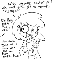 Size: 792x792 | Tagged: safe, artist:tjpones, derpibooru import, apple bloom, human, black and white, clothes, dialogue, female, freckles, grayscale, humanized, monochrome, offscreen character, open mouth, open smile, scar, shirt, shirt lift, simple background, smiling, solo, stiches, white background