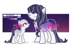 Size: 2465x1536 | Tagged: safe, artist:miioko, derpibooru import, oc, oc only, earth pony, pony, bald, clothes, duo, earth pony oc, female, filly, grin, mare, reference sheet, see-through, simple background, smiling, transparent background, watermark