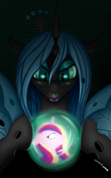 Size: 2000x3200 | Tagged: safe, artist:renatethepony, derpibooru import, princess cadance, queen chrysalis, alicorn, changeling, changeling queen, pony, crystal ball, duo, female, mare, smiling