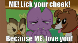 Size: 960x539 | Tagged: safe, edit, edited screencap, editor:undeadponysoldier, screencap, owlowiscious, spike, winona, dog, dragon, owl, just for sidekicks, collar, cute, doggy kiss, eyes closed, female, friendly, happy, image macro, licking, licking cheeks, male, ooo, ponyville express, shipping, spikelove, spinona, straight, surprised, train, winonabetes