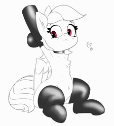 Size: 1079x1200 | Tagged: safe, artist:pabbley, derpibooru import, rainbow dash, pegasus, pony, arm behind head, armpits, belly, belly button, chest fluff, choker, clothes, ear fluff, ears, female, floating heart, grayscale, heart, latex, latex socks, mare, monochrome, neo noir, partial color, raised hoof, raised leg, simple background, sitting, sketch, smiling, socks, solo, solo female, white background