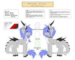 Size: 2500x2008 | Tagged: safe, artist:melodytheartpony, derpibooru import, barb, spike, oc, oc:melody silver, dracony, dragon, hybrid, asexual, carnivore, collar, egg, egg laying, fangs, female, feral, fluffy, horns, long hair, long mane, long tail, oviparity, oviposition, ref, reference sheet, rule 63, short hair, short mane, tail, webbed wings