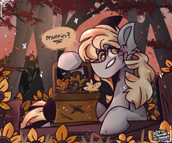 Size: 3000x2500 | Tagged: safe, artist:its_sunsetdraws, derpibooru import, derpy hooves, pegasus, pony, basket, cheek fluff, cross-eyed, digital art, fanart, fence, flower, food, forest, leaves, looking at you, muffin, redraw, solo, sunflower, sunset, tree