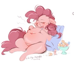 Size: 854x743 | Tagged: safe, artist:twisoft, derpibooru import, pinkie pie, earth pony, pony, belly, belly button, big belly, blushing, candy, cushion, drool, eyes closed, fat, female, food, hoof on belly, obese, open mouth, piggy pie, pudgy pie, reclining, signature, simple background, sleeping, solo, stuffed belly, white background
