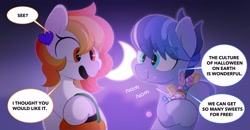 Size: 2800x1457 | Tagged: safe, artist:mochi_nation, derpibooru import, oc, oc only, oc:galaxy, earth pony, pony, candy, crescent moon, dialogue, duo, eating, eye clipping through hair, female, food, halloween, holiday, mare, moon, puffy cheeks, pumpkin bucket, speech bubble