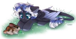 Size: 3000x1529 | Tagged: safe, artist:shelti, derpibooru import, oc, oc only, oc:esme fleur, alicorn, rabbit, alicorn oc, animal, cloud, horn, leaf, lying down, pet, simple background, solo, transparent background, wings