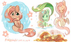 Size: 2042x1225 | Tagged: safe, artist:colorfulcolor233, derpibooru import, fluttershy, frog, pegasus, pony, crying, cute, eyes closed, falling leaves, female, flower, flower in hair, folded wings, head turned, heart, leaf, leaf umbrella, looking at you, looking back, looking back at you, lying down, mare, prone, sad, shyabetes, sitting, solo, spread wings, teary eyes, wings