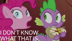 Size: 1280x720 | Tagged: safe, derpibooru import, edit, edited screencap, editor:quoterific, screencap, pinkie pie, spike, dragon, earth pony, pony, pinkie apple pie, season 4, female, male, mare, open mouth