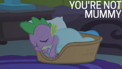 Size: 1280x720 | Tagged: safe, derpibooru import, edit, edited screencap, editor:quoterific, screencap, spike, dragon, season 1, winter wrap up, blanket, eyes closed, golden oaks library, male, pillow, sleeping, solo