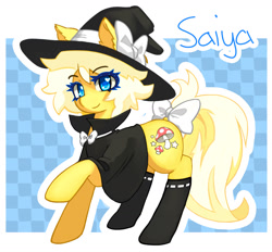 Size: 1434x1332 | Tagged: safe, artist:saikoot, derpibooru import, oc, oc only, oc:saiya, earth pony, pony, blonde, blonde hair, blue eyes, bow, cloak, clothes, costume, crossdressing, cutie mark, earth pony oc, halloween, hat, holiday, lifted leg, looking at you, male, solo, standing, stockings, thigh highs, witch hat, yellow coat