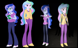 Size: 720x444 | Tagged: safe, artist:gaelponygamer562, artist:gaelponyrdzgamer56, derpibooru import, princess celestia, princess luna, principal celestia, vice principal luna, equestria girls, rainbow rocks, 3d, book, boots, clothes, comparison, recreation, shoes, smiling, source filmmaker, vector