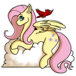 Size: 600x600 | Tagged: safe, artist:sursiq, derpibooru import, fluttershy, bird, pegasus, pony, blushing, cloud, female, looking at you, lying down, lying on a cloud, mare, on a cloud, shading, shadow, simple background, solo, transparent background