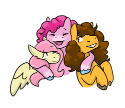 Size: 882x760 | Tagged: safe, artist:moonstruck-badger, derpibooru import, edit, cheese sandwich, fluttershy, pinkie pie, earth pony, pegasus, pony, bisexual, cheesepie, cropped, eyes closed, female, flutterpie, group hug, hug, lesbian, male, mare, one eye closed, open mouth, open smile, pinkiecheeseshy, polyamory, shipping, simple background, smiling, stallion, straight, unshorn fetlocks, white background