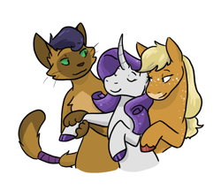 Size: 882x760 | Tagged: safe, artist:moonstruck-badger, derpibooru import, edit, applejack, capper dapperpaws, rarity, abyssinian, earth pony, pony, unicorn, bisexual, capperarijack, capperity, cloven hooves, colored hooves, cropped, curved horn, eyes closed, female, horn, lesbian, male, mare, polyamory, rarijack, shipping, simple background, smiling, straight, unshorn fetlocks, white background