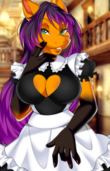 Size: 817x1280 | Tagged: safe, artist:butterfliess, derpibooru import, oc, oc only, oc:trigger treat, anthro, earth pony, bedroom eyes, breasts, clothes, commission, digital art, female, looking at you, maid, solo, tail, thighs